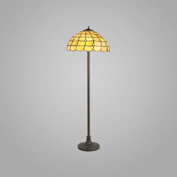 Stratford 2 Light Stepped Design Floor Lamp E27 With 40cm Tiffany Shade, Beige Clear Crystal Aged Antique Brass