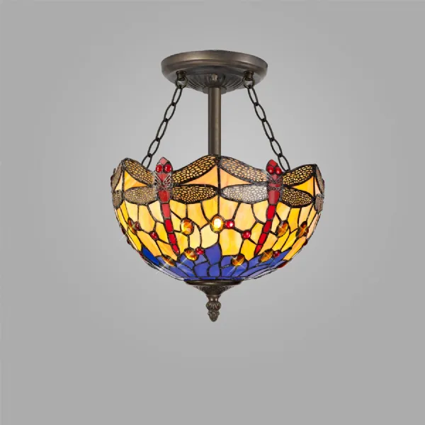 Hitchin 3 Light Semi Flush E27 With 30cm Tiffany Shade, Blue Orange Crystal Aged Antique Brass