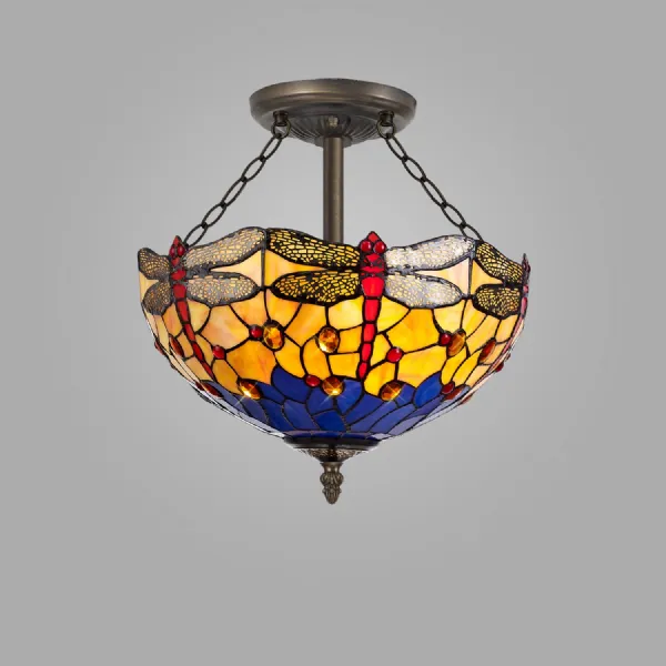 Hitchin 3 Light Semi Flush E27 With 40cm Tiffany Shade, Blue Orange Crystal Aged Antique Brass