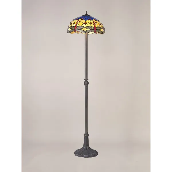 Hitchin 2 Light Leaf Design Floor Lamp E27 With 40cm Tiffany Shade, Blue Orange Crystal Aged Antique Brass