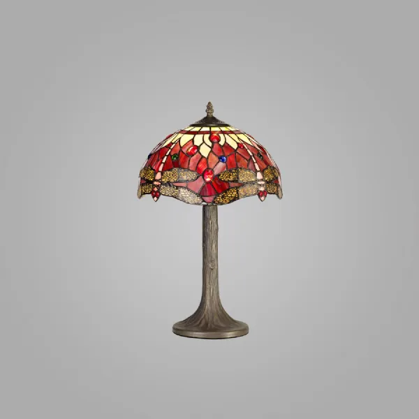 Hitchin 1 Light Tree Like Table Lamp E27 With 30cm Tiffany Shade, Purple Pink Crystal Aged Antique Brass
