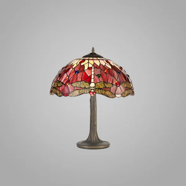 Hitchin 2 Light Tree Like Table Lamp E27 With 40cm Tiffany Shade, Purple Pink Crystal Aged Antique Brass