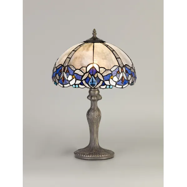 Ardingly 1 Light Curved Table Lamp E27 With 30cm Tiffany Shade, Blue Clear Crystal Aged Antique Brass