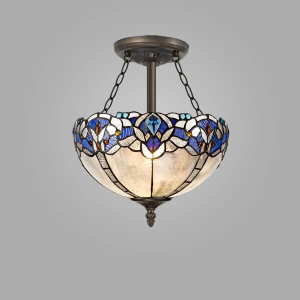 Blue Antique Brass 3 E27 Semi Flush Uplighter Pendant