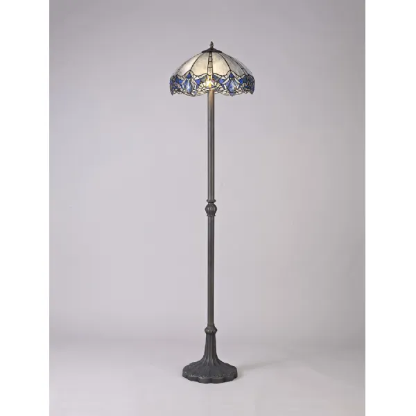 Ardingly 2 Light Leaf Design Floor Lamp E27 With 40cm Tiffany Shade, Blue Clear Crystal Aged Antique Brass