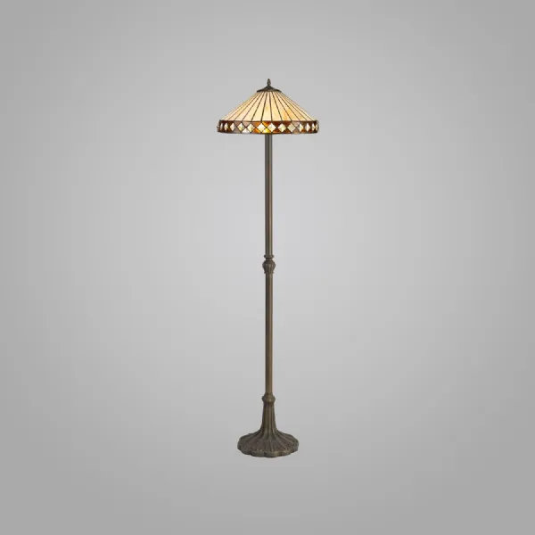 Rayleigh 2 Light Leaf Design Floor Lamp E27 With 40cm Tiffany Shade, Amber Cream Crystal Aged Antique Brass