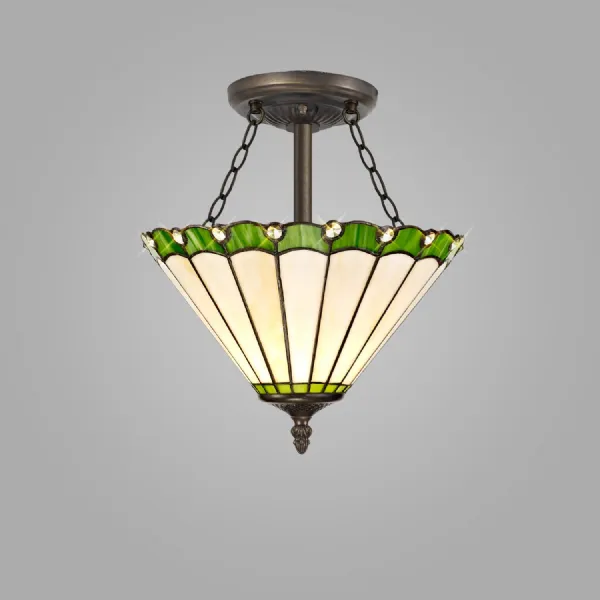 Ware 3 Light Semi Flush E27 With 30cm Tiffany Shade, Green Cream Crystal Aged Antique Brass