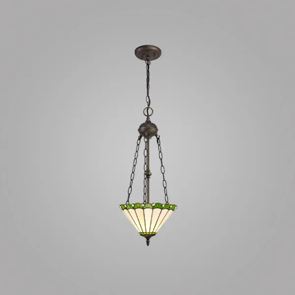 Ware 2 Light Uplighter Pendant E27 With 30cm Tiffany Shade, Green Cream Crystal Aged Antique Brass
