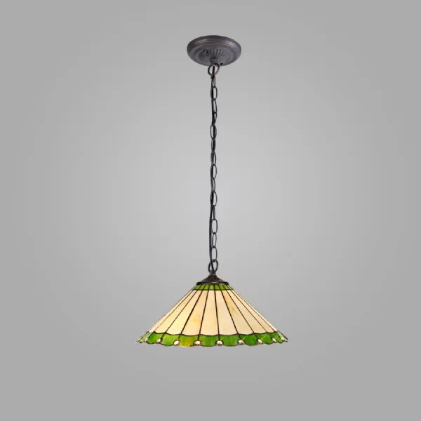 Ware 1 Light Downlighter Pendant E27 With 40cm Tiffany Shade, Green Cream Crystal Aged Antique Brass