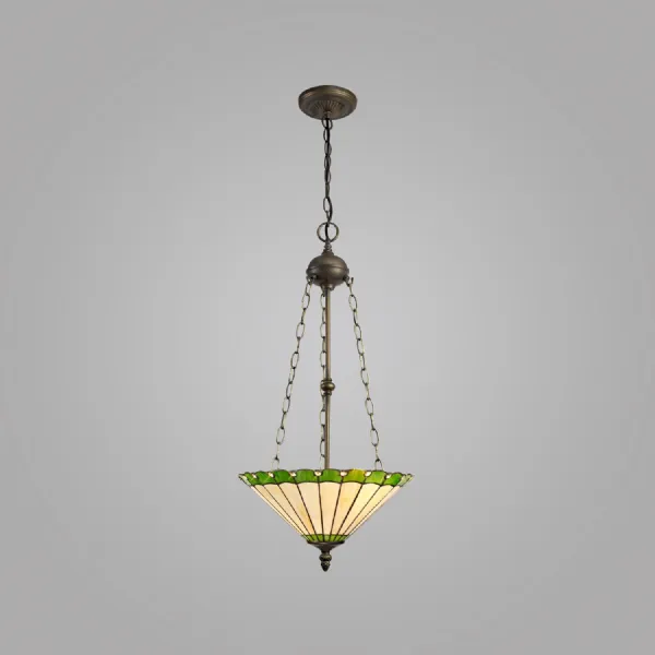 Ware 3 Light Uplighter Pendant E27 With 40cm Tiffany Shade, Green Cream Crystal Aged Antique Brass
