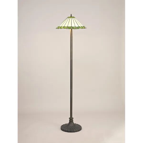 Ware 2 Light Stepped Design Floor Lamp E27 With 40cm Tiffany Shade, Green Cream Crystal Aged Antique Brass