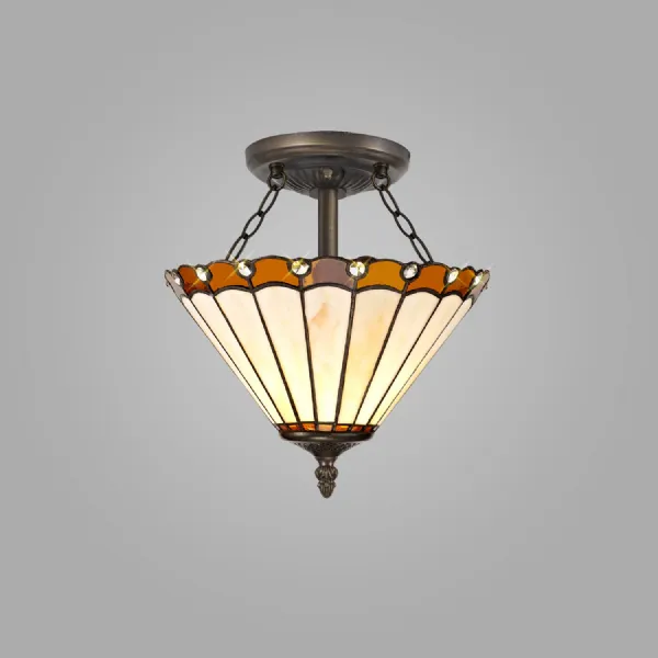 Ware 2 Light Semi Flush E27 With 30cm Tiffany Shade, Amber Cream Crystal Aged Antique Brass