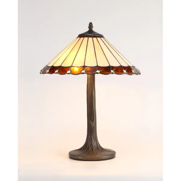 Ware 2 Light Curved Table Lamp E27 With 40cm Tiffany Shade, Amber Cream Crystal Aged Antique Brass