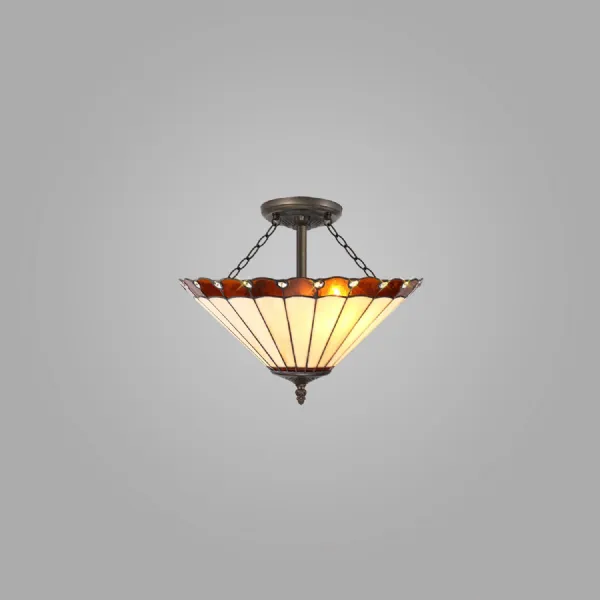 Ware 3 Light Semi Flush E27 With 40cm Tiffany Shade, Amber Cream Crystal Aged Antique Brass