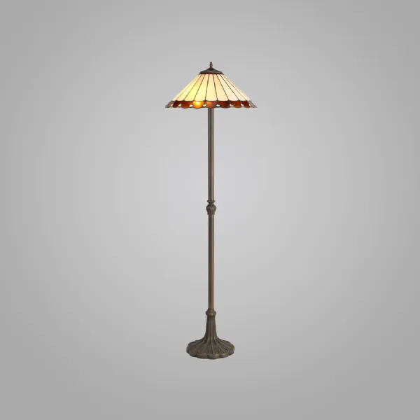 Ware 2 Light Leaf Design Floor Lamp E27 With 40cm Tiffany Shade, Amber Cream Crystal Aged Antique Brass