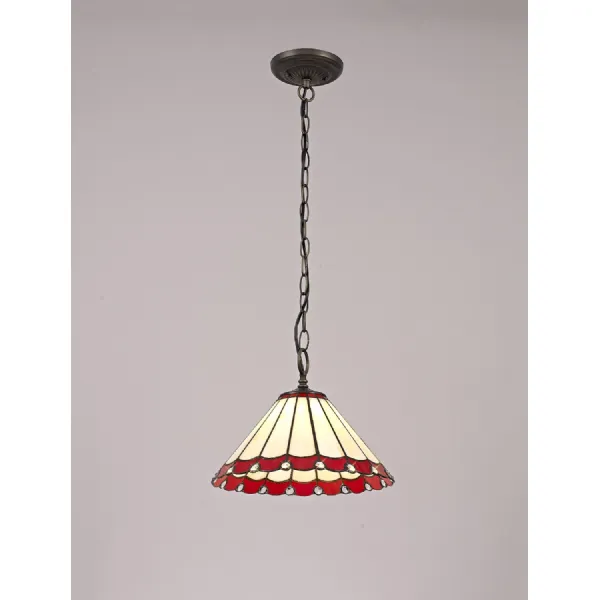 Ware 1 Light Downlighter Pendant E27 With 30cm Tiffany Shade, Red Cream Crystal Aged Antique Brass