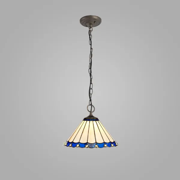 Ware 3 Light Downlighter Pendant E27 With 30cm Tiffany Shade, Blue Cream Crystal Aged Antique Brass