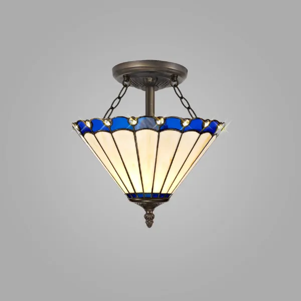 Ware 2 Light Semi Flush E27 With 30cm Tiffany Shade, Blue Cream Crystal Aged Antique Brass