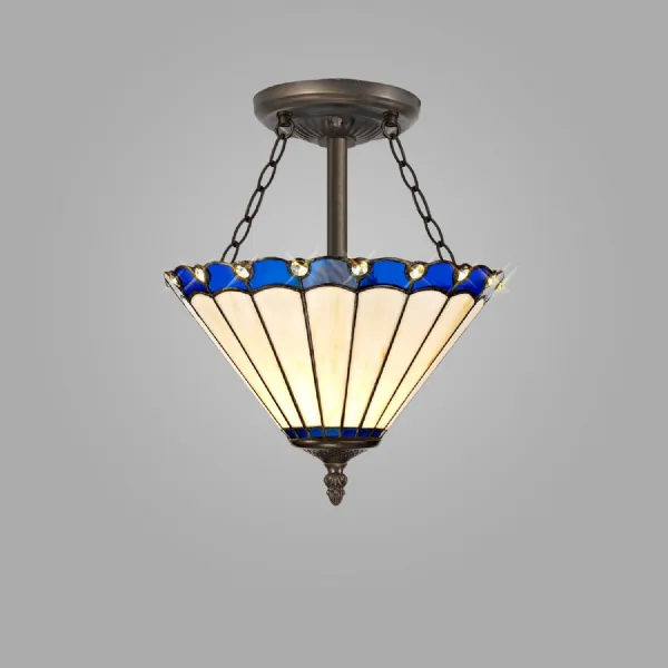 Ware 3 Light Semi Flush E27 With 30cm Tiffany Shade, Blue Cream Crystal Aged Antique Brass