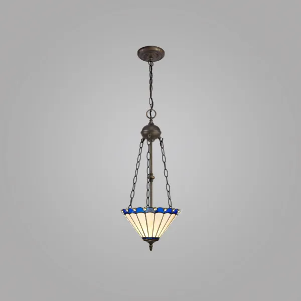 Ware 2 Light Uplighter Pendant E27 With 30cm Tiffany Shade, Blue Cream Crystal Aged Antique Brass