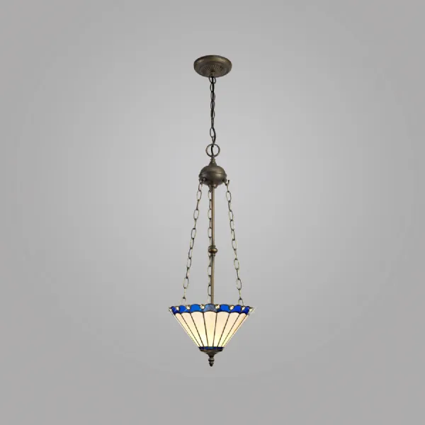 Ware 3 Light Uplighter Pendant E27 With 30cm Tiffany Shade, Blue Cream Crystal Aged Antique Brass