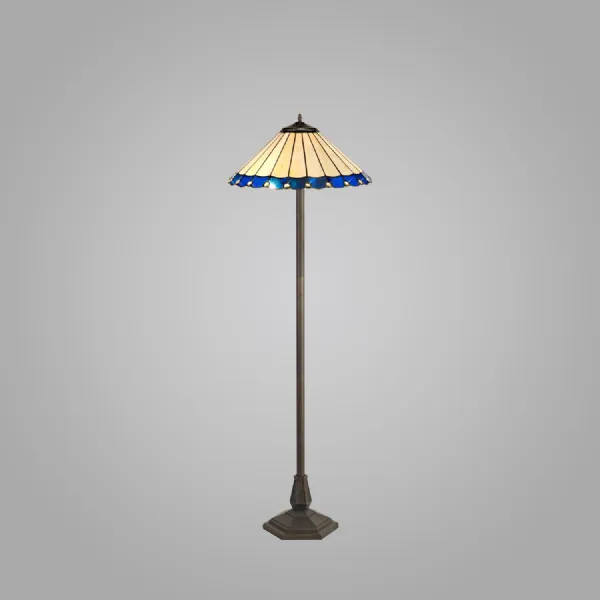 Ware 2 Light Octagonal Floor Lamp E27 With 40cm Tiffany Shade, Blue Cream Crystal Aged Antique Brass