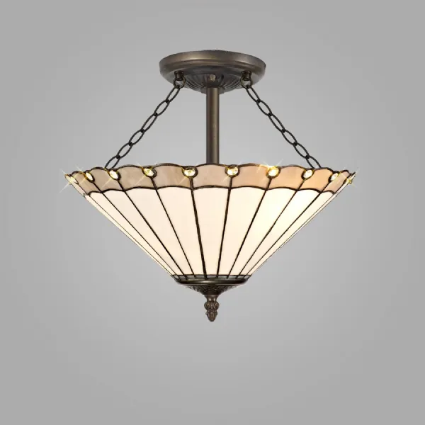 Ware 3 Light Semi Flush E27 With 40cm Tiffany Shade, Grey Cream Crystal Aged Antique Brass