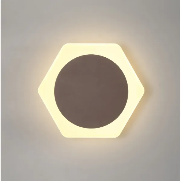 Edgware Magnetic Base Wall Lamp, 12W LED 3000K 498lm, 15cm Round 19cm Horizontal Hexagonal Centre, Coffee Acrylic Frosted Diffuser
