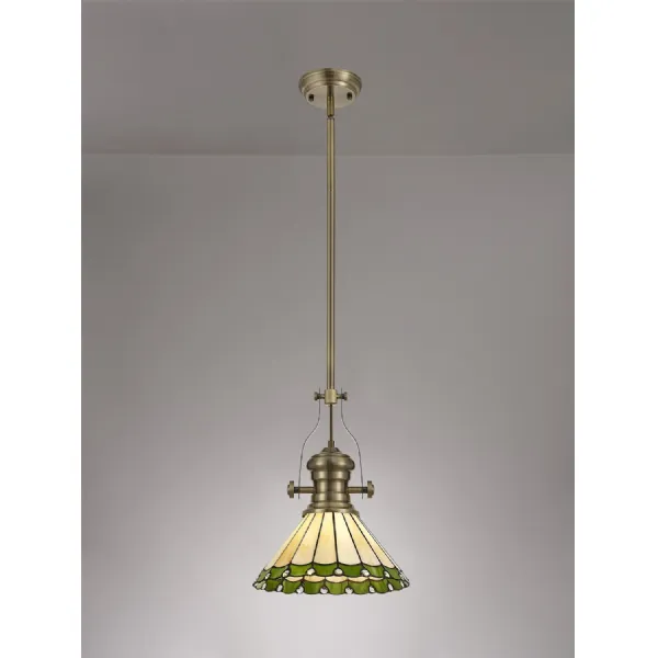 Ware 1 Light Pendant E27 With 30cm Tiffany Shade, Antique Brass Green Cream Crystal