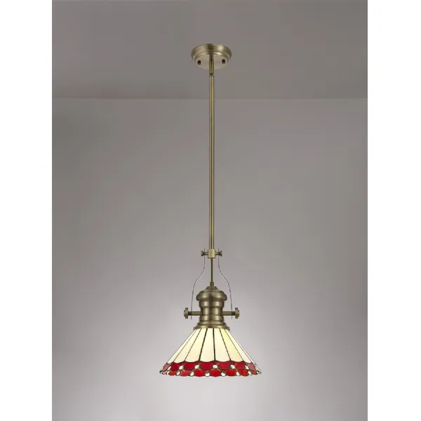 Ware 1 Light Pendant E27 With 30cm Tiffany Shade, Antique Brass Red Cream Crystal