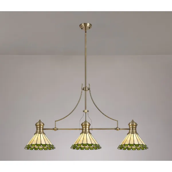 Ware 3 Light Linear Pendant E27 With 30cm Tiffany Shade, Antique Brass, Green, Cream, Crystal