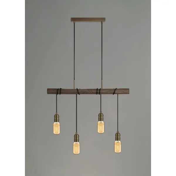 Sheerness Pendant, 4 x E27, Medium Oak Antique Brass