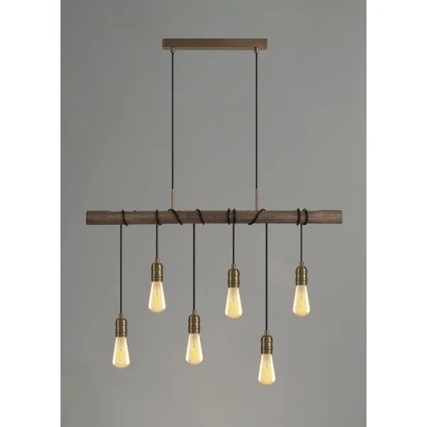 Sheerness Pendant, 6 x E27, Medium Oak Antique Brass