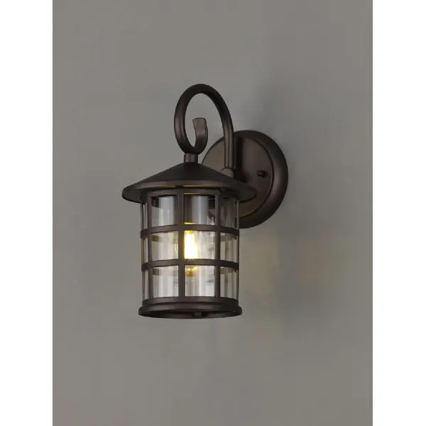 Horsham Down Round Grid Wall Lamp, 1 x E27, IP44, Antique Bronze Clear Glass, 2yrs Warranty