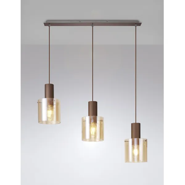 Islington Linear Pendant, 3 Light Adjustable E27, Mocha Amber Glass