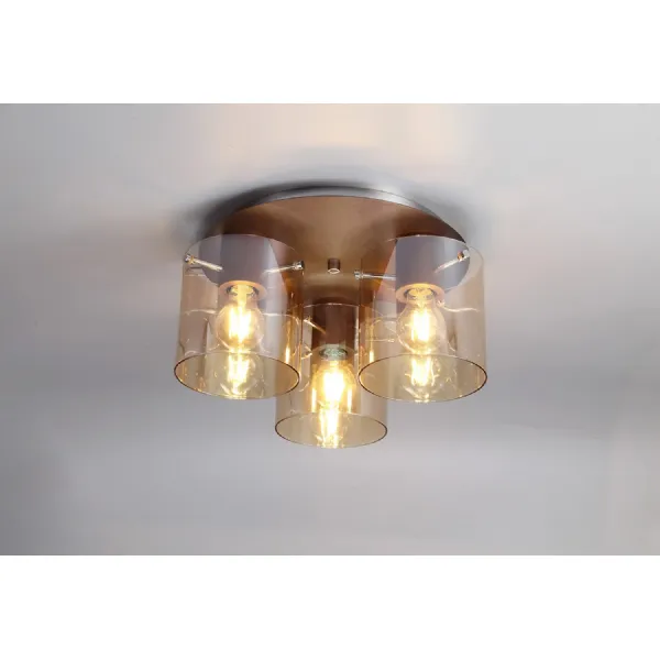 Islington Round Ceiling Flush, 3 Light Flush Fitting, Mocha Amber Glass