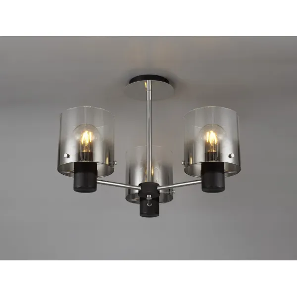 Islington Semi Flush Light, 3 x E27, Black Smoke Fade Glass