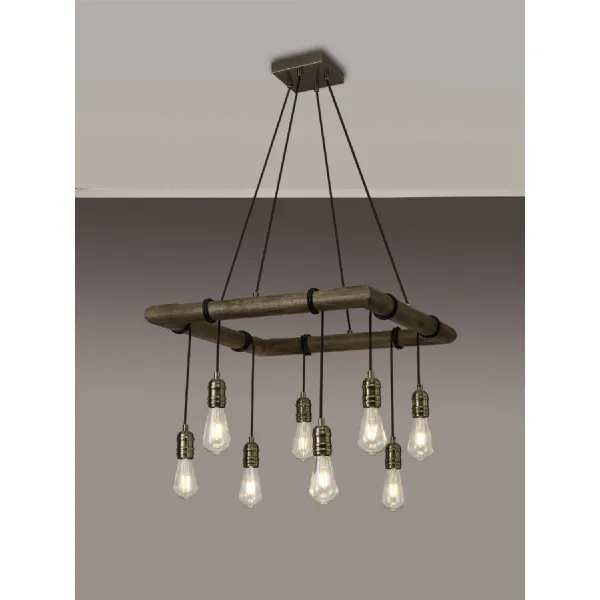 Sheerness Square Pendant, 8 x E27, Medium Oak Antique Brass