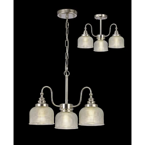 Edenbridge Semi Flush Pendant, 3 Light E27, Polished Nickel Prismatic Glass