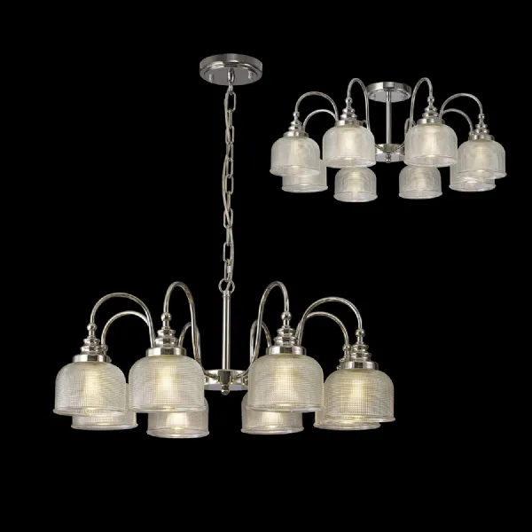 Edenbridge Semi Flush Pendant, 8 Light E27, Polished Nickel Prismatic Glass