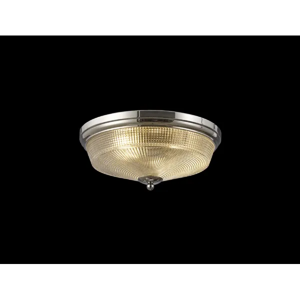 Edenbridge 2 Light E27 Flush Ceiling Light, Polished Nickel Prismatic Glass