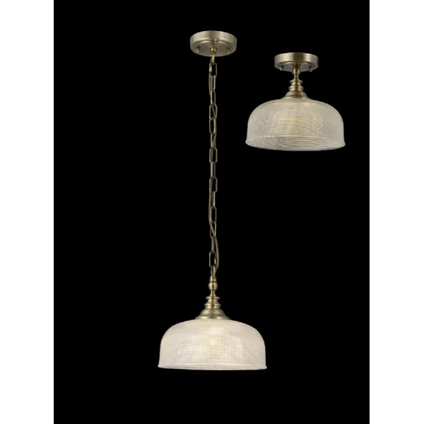 Edenbridge Flush Single Pendant, 1 Light Adjustable E27, Antique Brass Prismatic Glass