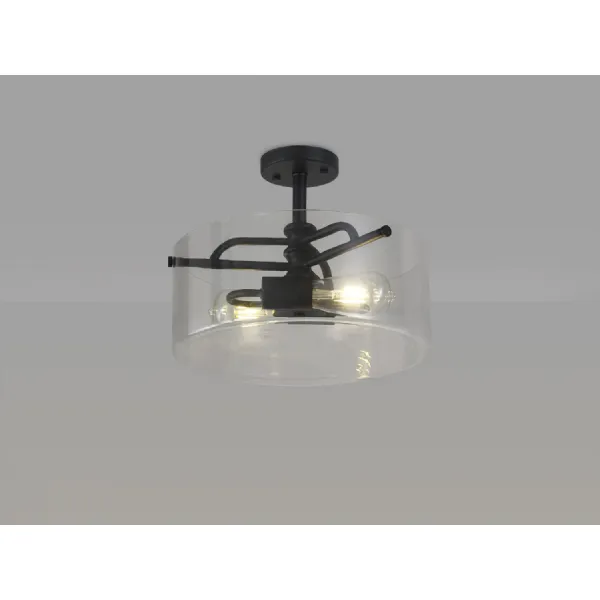 Royal Semi Flush Ceiling, 2 Light E27, Sand Black Clear Glass
