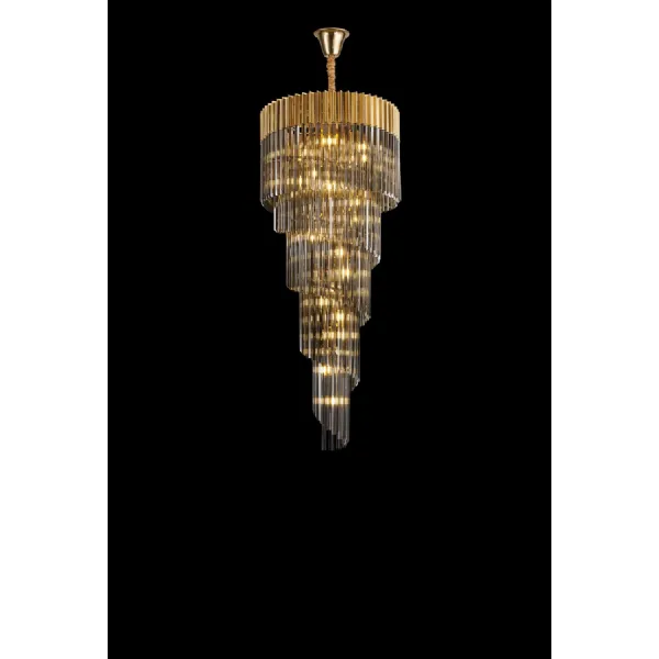 Brass Smoked 70cm 23 Light E14 5 Tier Sculpted Glass Pendant