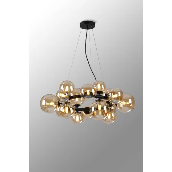 Tenterden Circular Pendant, 16 x G9, Satin Black, Amber Plated Glass