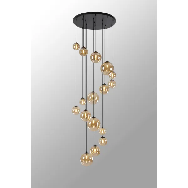 Tenterden Pendant, 16 x G9, Satin Black, Amber Plated Glass