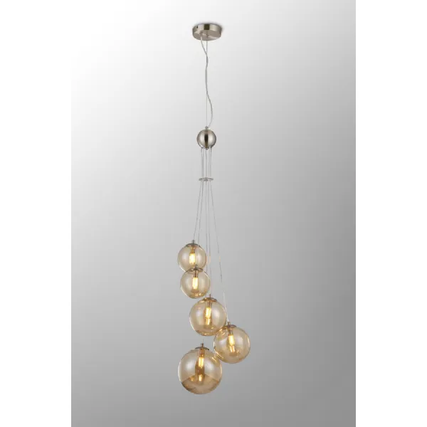 Tenterden Pendant, 5 x G9, Satin Nickel, Amber Plated Glass