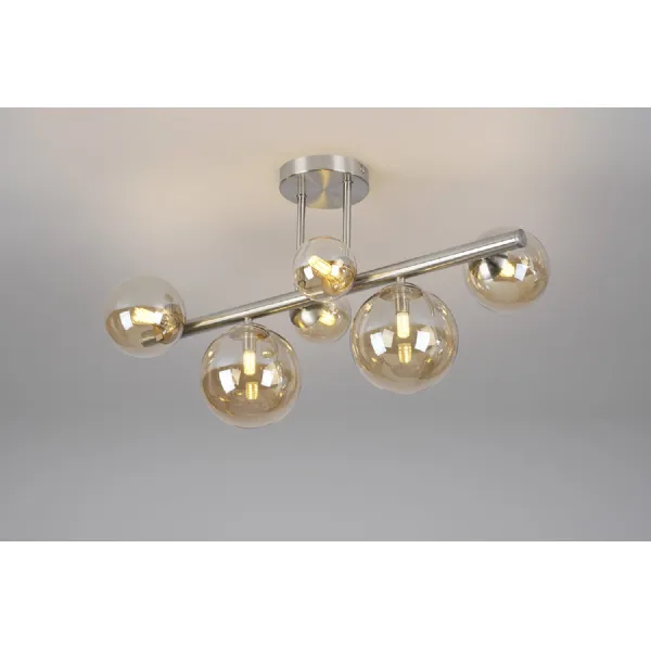 Tenterden Semi Flush Ceiling Light, 6 x G9, Satin Nickel, Amber Plated Glass