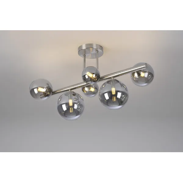 Tenterden Semi Flush Ceiling Light, 6 x G9, Satin Nickel, Smoke Plated Glass