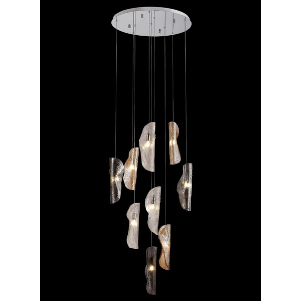 Loughton Pendant 3m, 9 x G9, Polished Chrome Clear And Amber And Smoked Glass